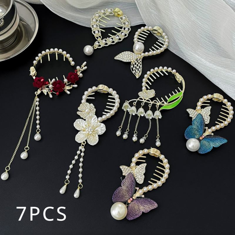 TEMU 7pcs Retro Pearl Tassel Ponytail Clip, High-end Bun Hair Artifact For The Back Of , Frog Clip Headdress For Women, Suitable For