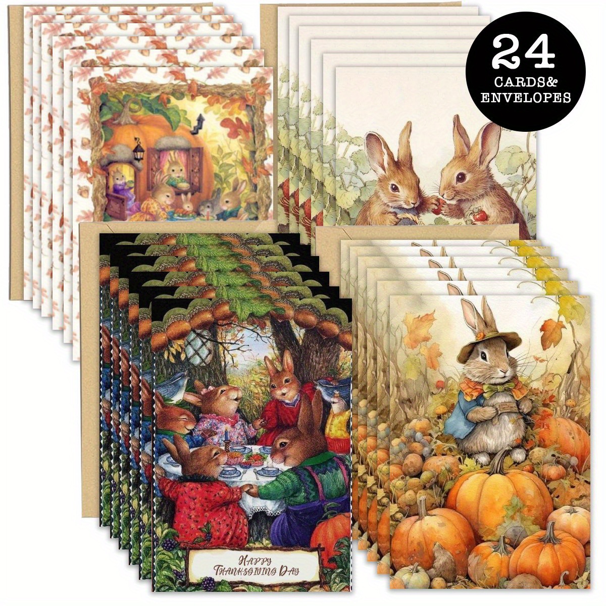 

24-pack Thanksgiving Notecard Set With Envelopes, Assorted Animal Designs, Blank Inside, Paper Stationery For Gratitude Messages & Invitations, Envelope Included, Feather-free - & Friends Gift