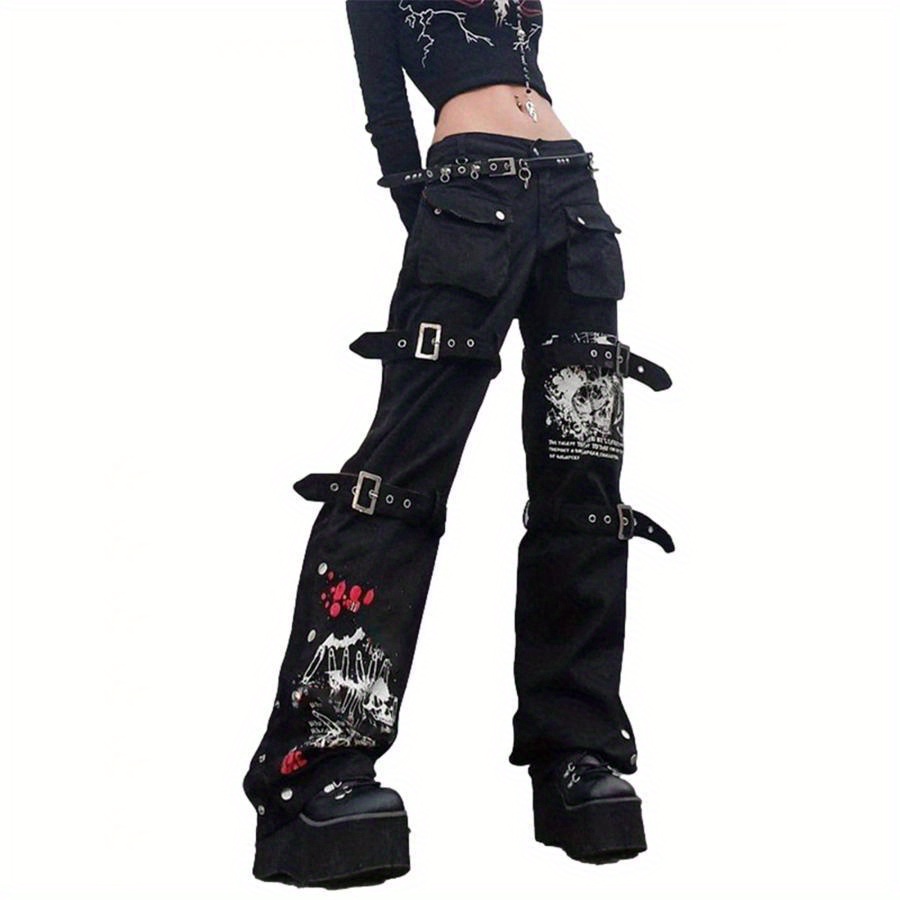 

Women's High Waist Printed Jeans With Metal Belt, Lengthened Style Street Hip Hop Skateboarding Fashion Dark Style Single-breasted Button Slit Spring And Autumn Wear