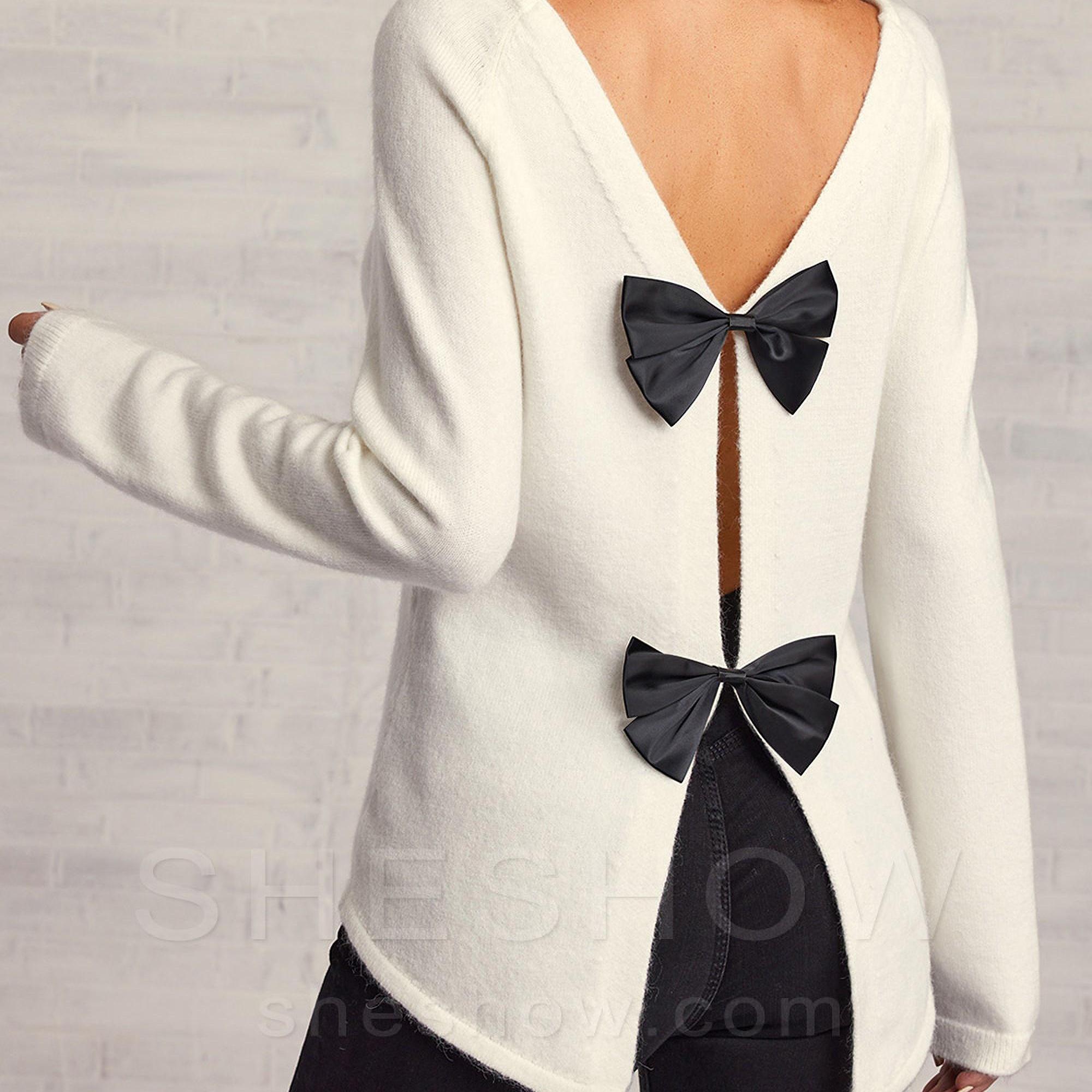 

Bow Back Cut Out Detail Sweater, Elegant Long Sleeve Sweater For Fall & Winter, Women's Clothing