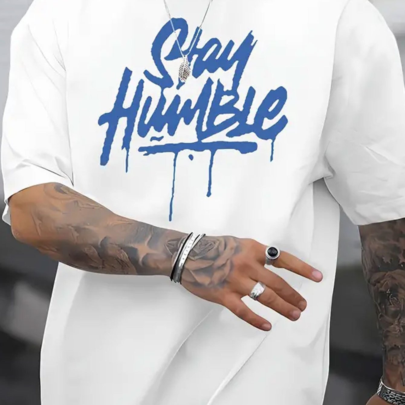 

Men's Casual Novelty T-shirt, "stay Humble" Blue Letter Printed Short Sleeved Summer Top