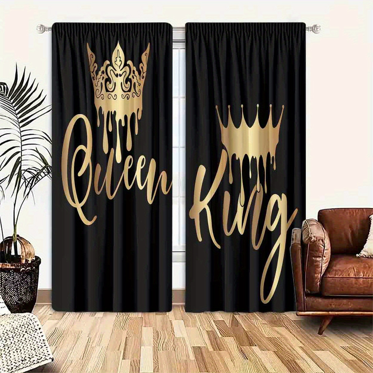 

2pcs, Polyester Material, Gold King And Queen Pattern Print, Light Filtering Curtain, Suitable For Bedroom, Living Room, Office And Home Decoration, Pole , Suitable For Pole