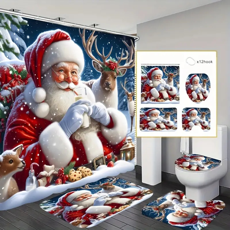 

1/4 Christmas Elk Shower Curtain Set Carpet, Christmas Bathroom Decoration, Bathroom Accessories Including Bathroom Carpet, U-shaped Pad, Pad, 180x180cm Shower Curtain 12