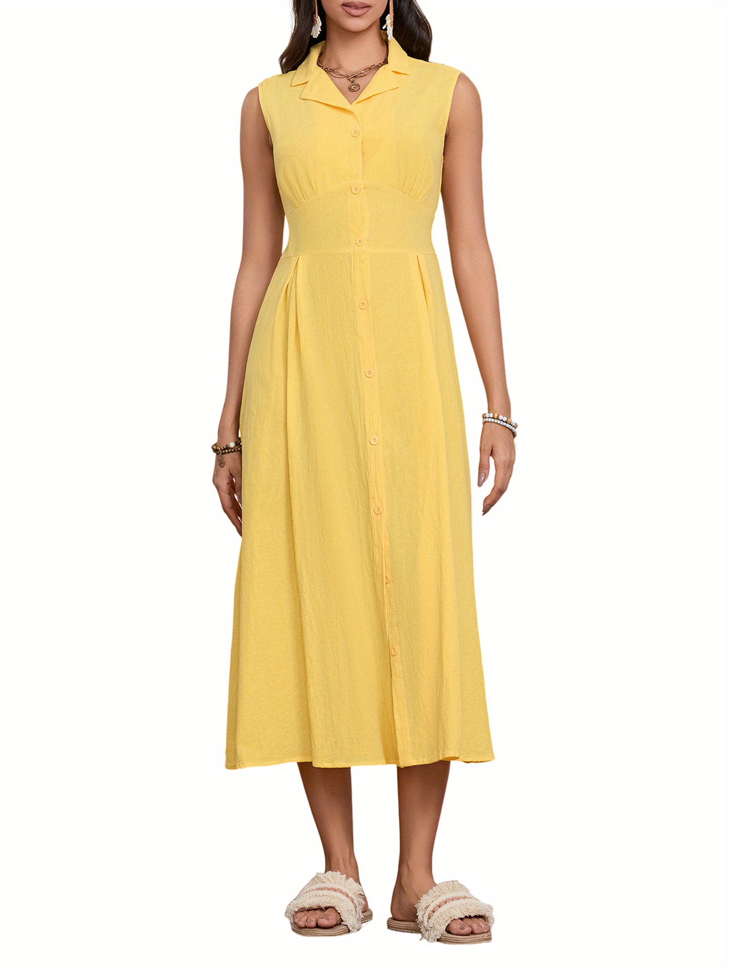 Womens Long Button- Shirt Dress - Sleeveless Turn- Collar A-Line Casual  Summer Dress for Beach Parties 4pcs