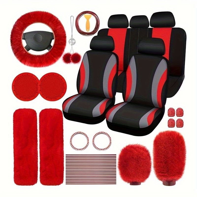 TEMU Pink Car Interior Set For Women -35pcs Car Seat Set Plush Pendant Steering Wheel General Auto Accessories Interior Set For All Seasons, Available In A Variety Of Colors