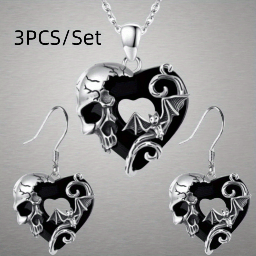 

A Set Of 3 Stylish And Exquisite Creative Heart-shaped Skull Necklaces And Earrings, Bat Necklace, Jewelry Set Gift, Perfect Gift For Family And Friends, Men And Women's Necklace And Earrings.