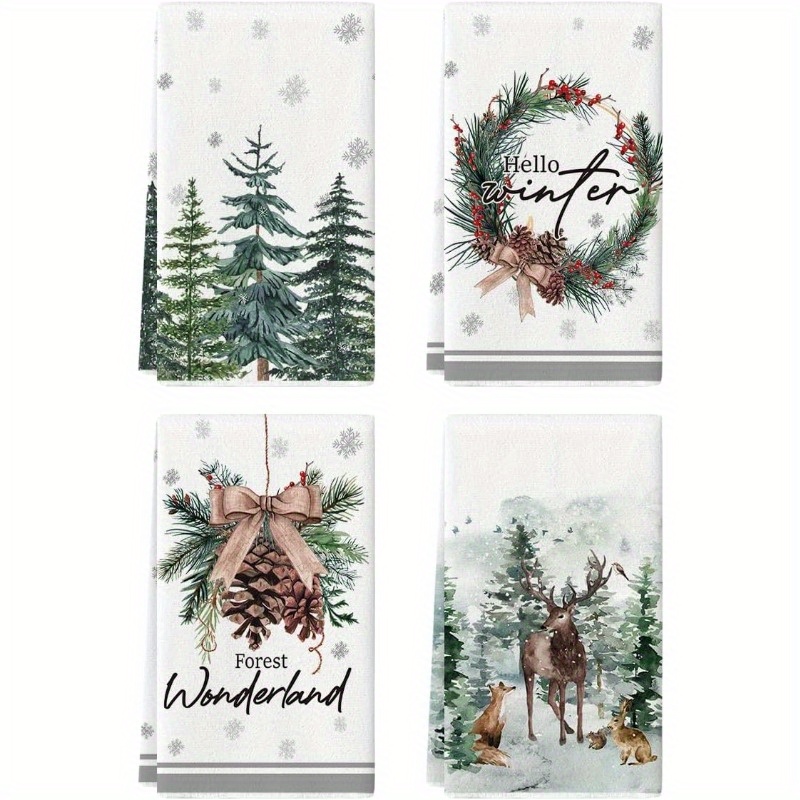 

4pcs Set Of 18x26" Polyester Kitchen Towels - Festive Christmas Elk, Trees & With Bowknot - Holiday Decor & Everyday Use, Christmas Decor