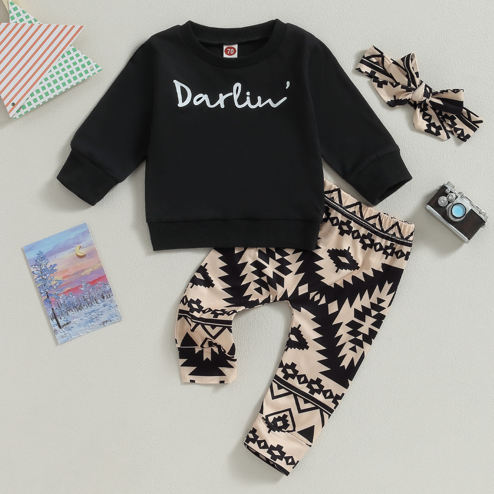 

Toddler Baby Girl Fall Clothes Letter Print Long Sleeve Tops Geometric Pattern Pants Headband Set Casual 3 Pcs Outfit