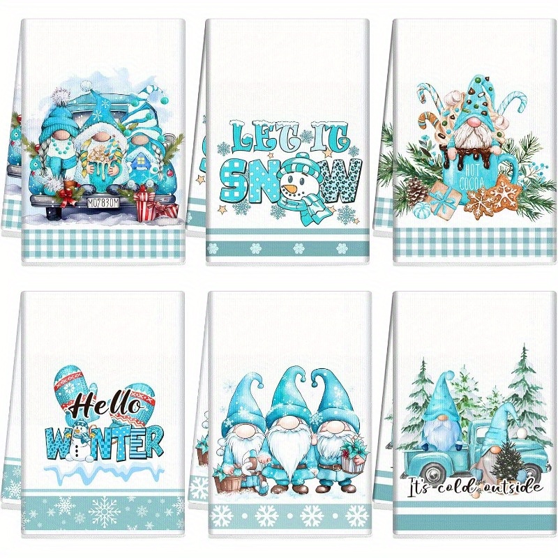 

6pcs Set Of 18x26" Kitchen Towels - Polyester, Blue With Snowman & Designs For Christmas Decor