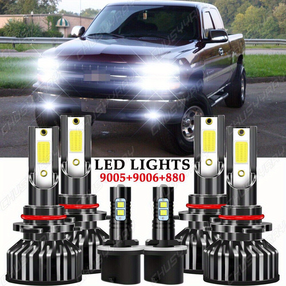TEMU Fit For Silverado 1500 2500hd 1999-2002 Led Headlight High/ Low Beam+fog Light Bulbs Combo Kit, 9005 9006 880 100w 30000lm 6000k White, Pack Of 6