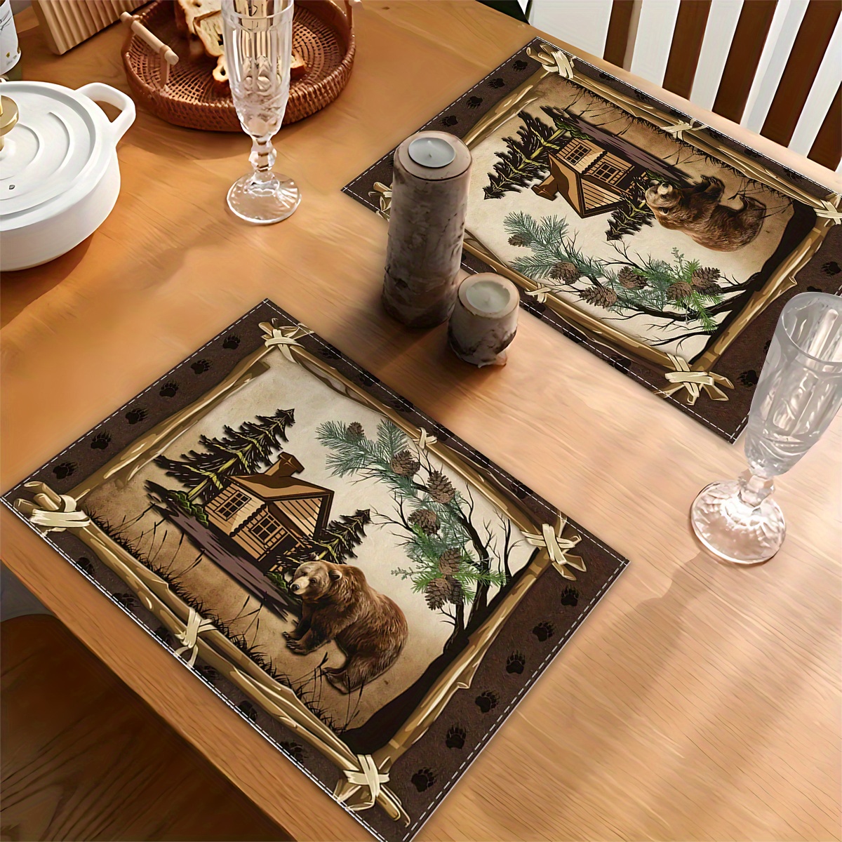 

4/ 6pcs Brown Bear Placemats, Linen Animal Pattern Placemats Table, Vintage Country Style Washable Table Runner, Home Table Decorations, Party Decorations, Holiday Ornaments, Scene Decorations