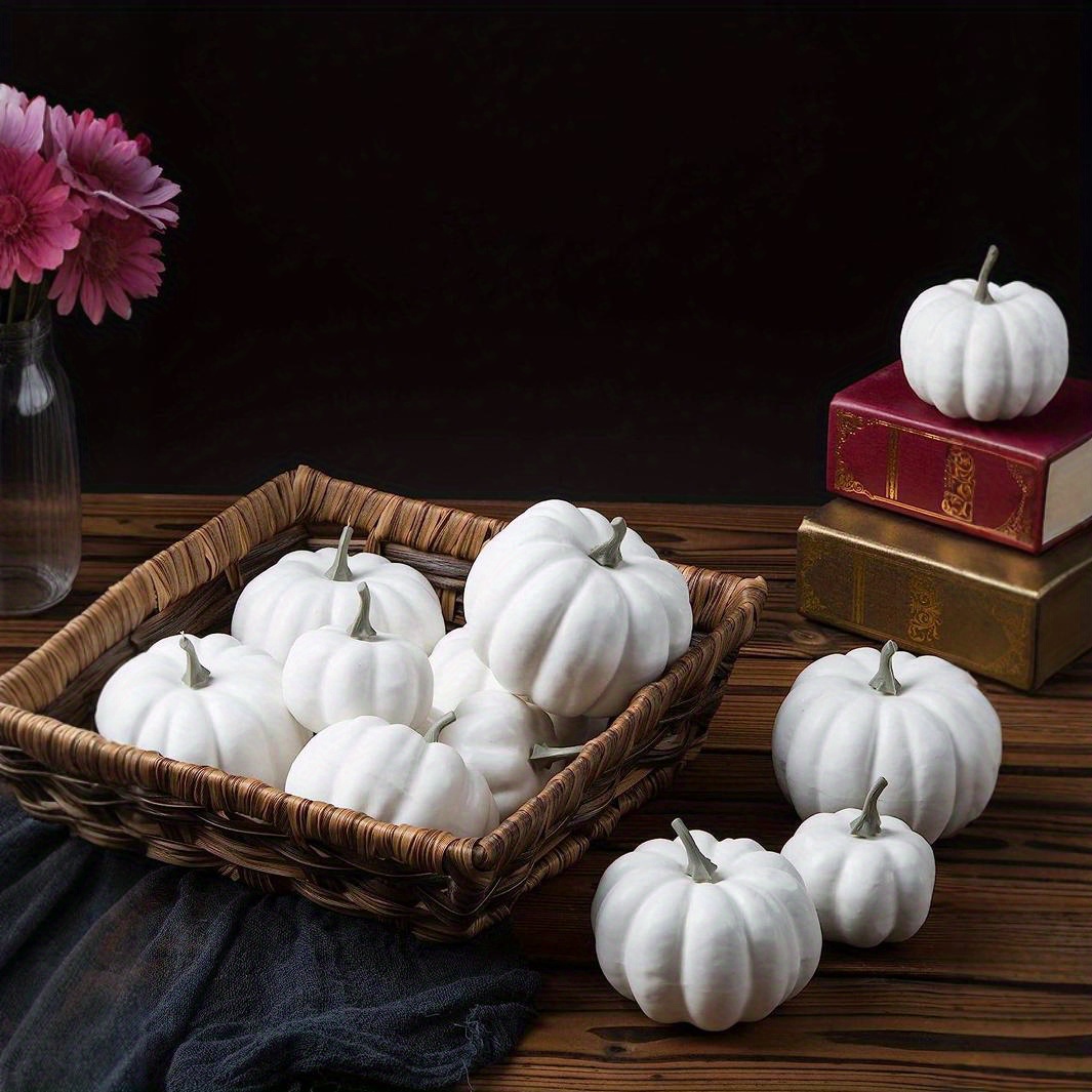 

12/ 22 Pcs Artificial Pumpkins For Halloween Assorted Sizes White Fall Thanksgiving Decorating Harvest Embellishing And Displaying Seasonal Holiday Tabletop Decoration Centerpiece