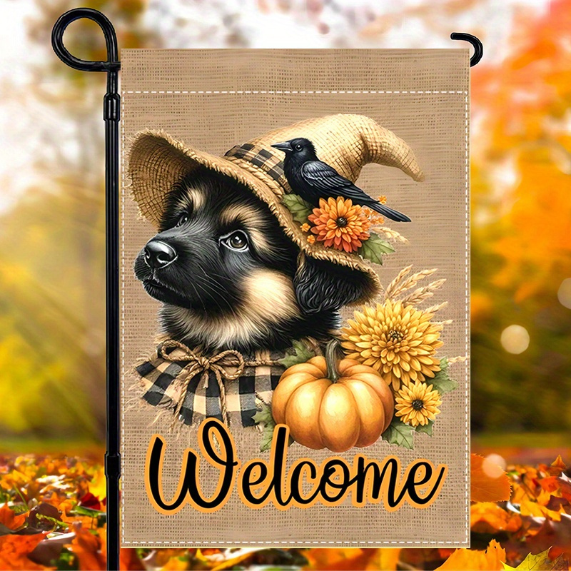 

Double Sided German Shepherd Dog In Straw Hat Fall Garden Flag - 12x18inch, Waterproof Burlap, Outdoor Lawn Decoration