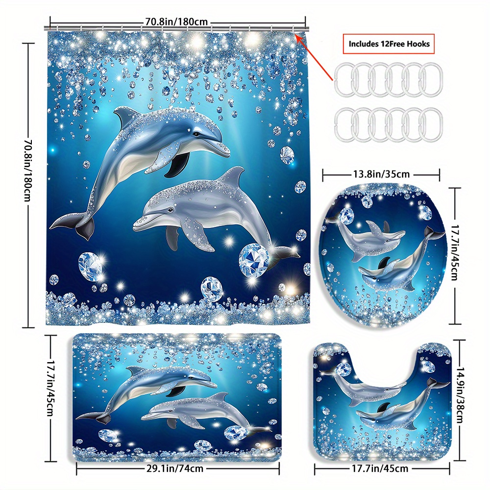 TEMU 4pcs Diamond Rain Dolphin Shower Curtain Decoration, Beautiful Housewarming Gift, Decoration, Shower Curtain And Toilet Floor Mat 3 Piece Set With 12 Shower Curtain Hooks