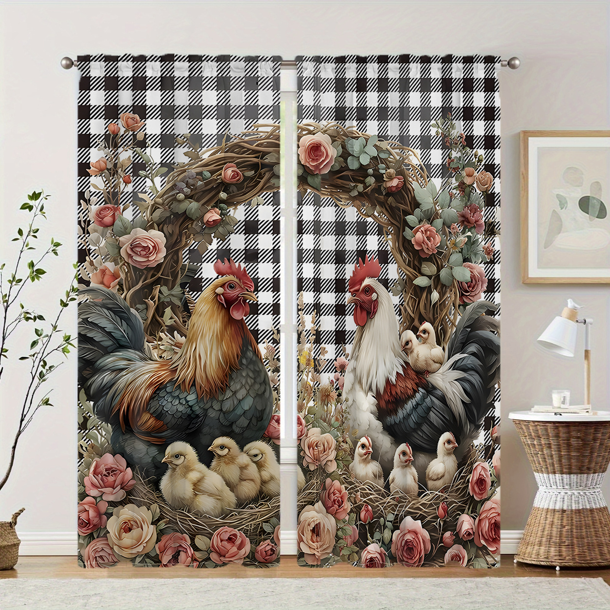 

2pcs, Polyester Material, Easter Theme, Farm Rooster And Hen Pattern Print, Light Filtering Curtain, Suitable For Bedroom, Living Room, Office And Home Decoration, Pole , Suitable For Pole