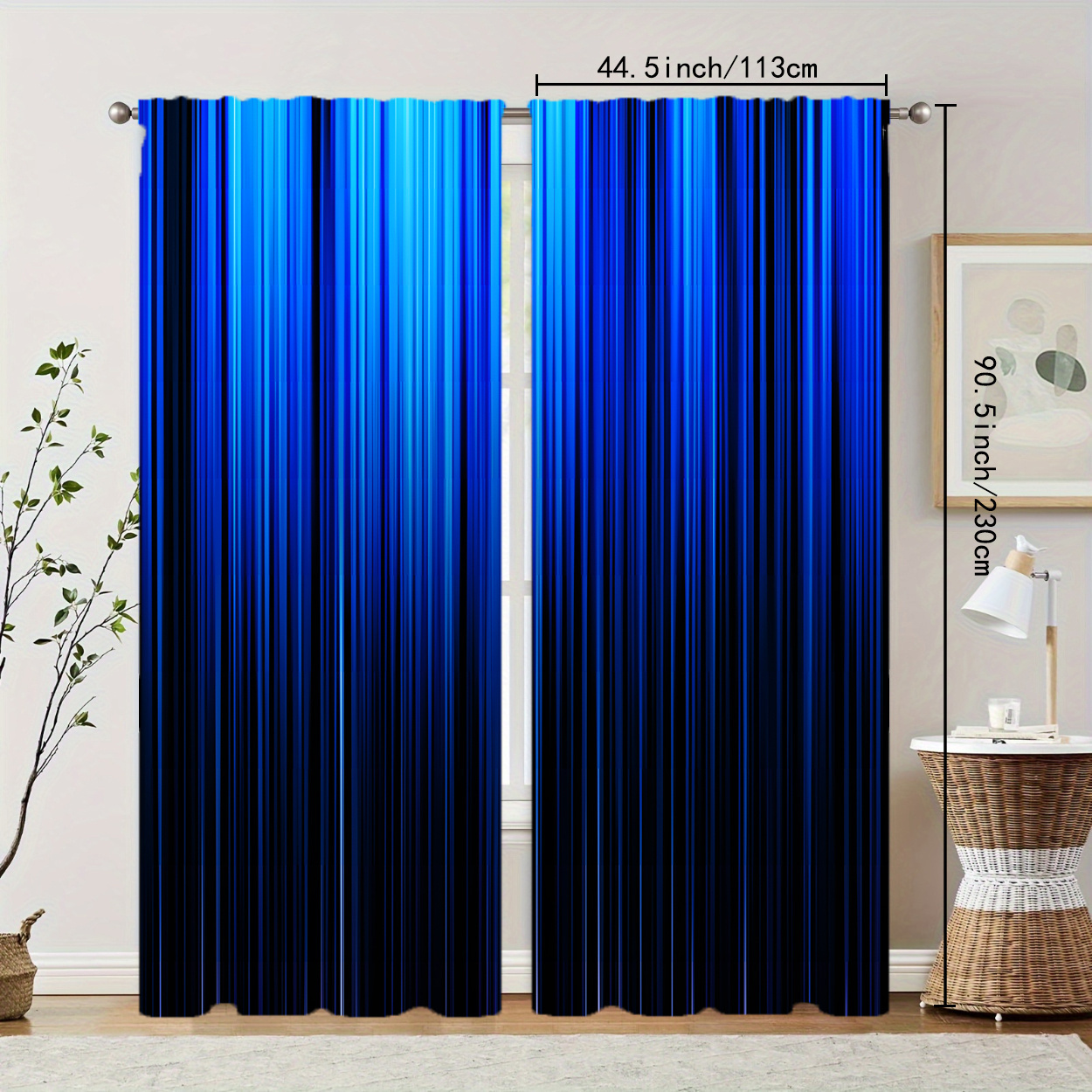 TEMU 2pcs, Polyester Material, Blue And Black Gradient Stripe Pattern Print, Light Filtering Curtain, Suitable For Bedroom, Living Room, Office And