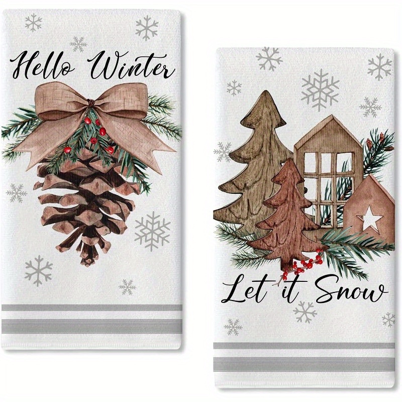 

2-pack Christmas Kitchen Towels Set - Woven Polyester Dish Cloths, Contemporary Style, Super Soft, Machine Washable - Theme With Snow Christmas Tree And , 18x26 Inches