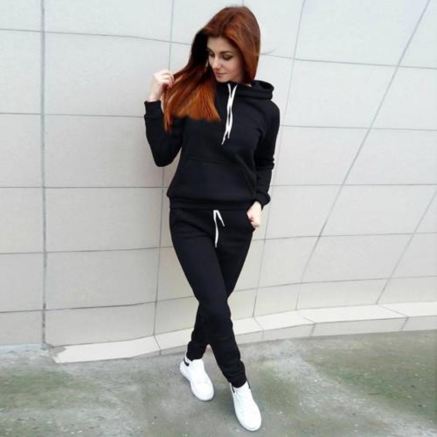 

Women's 2 Pcs Sweatshirt Set, Solid Color Slim-fit Long Sleeve Hoodie Front Pocket Top, Long Drawing Straps Pants Set