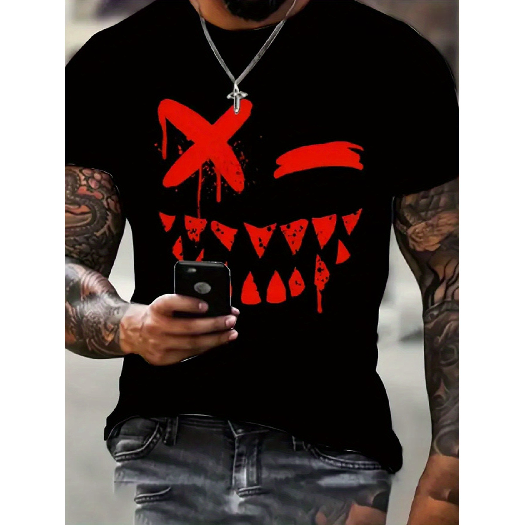 

Men's Casual Short Sleeve Gradient Sharp Teeth Face Print Round Neck Graphic T-shirt