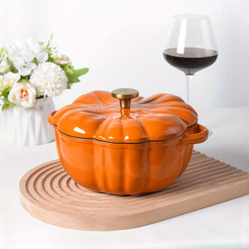 versatile cast iron pumpkin shaped dutch oven with lid enamel   for   soups induction compatible details 8