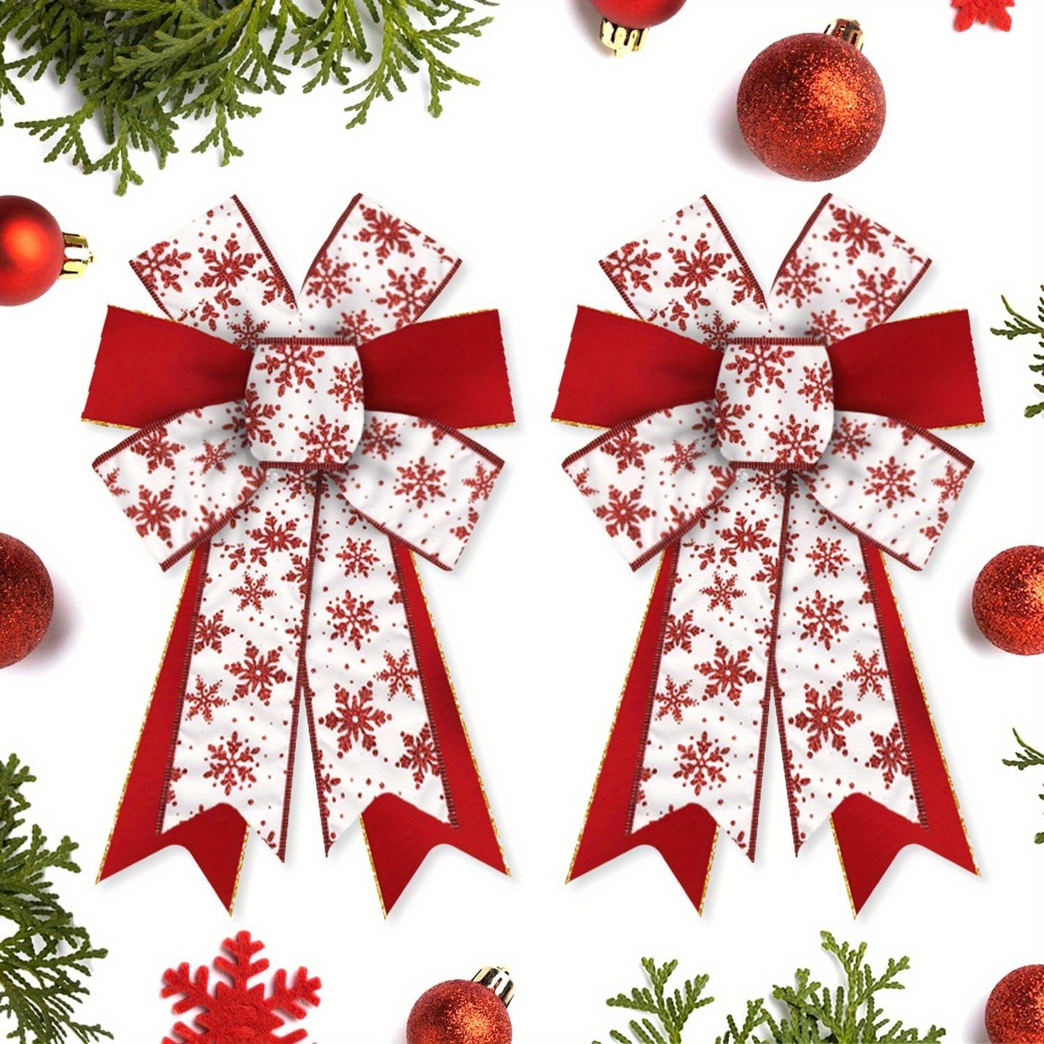 

2pcs Christmas Bows For Wreath, Christmas Wreath Bow Glitter Red White Snowflake Bows Winter Tree Craft Bows Ornaments For Front Door New Year Christmas Party Decoration Supplies