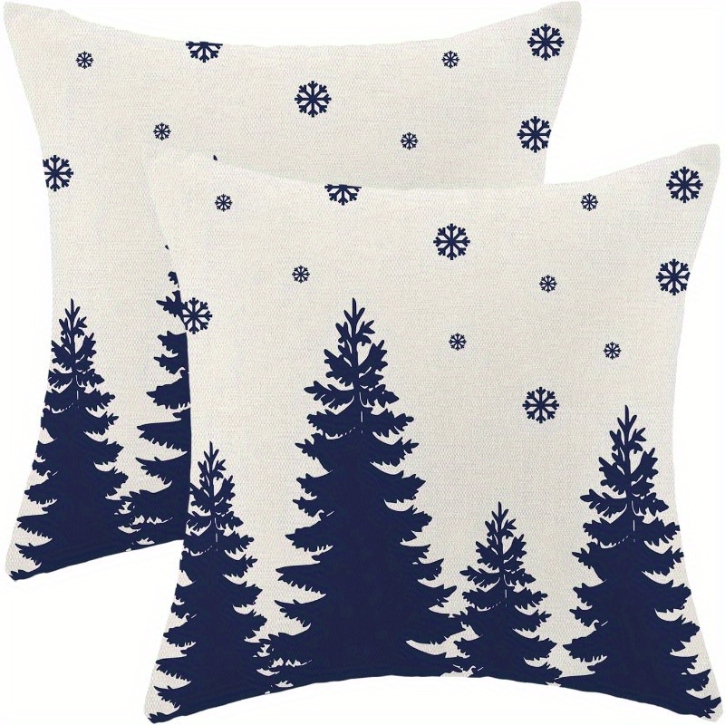 

2-piece Set, 18x18 Inch, Christmas Tree & Design, Polyester Throw Pillow Covers, White & Navy Blue, Rectangular, Woven, For Couch & Bed Decor, & Kitchen Decor