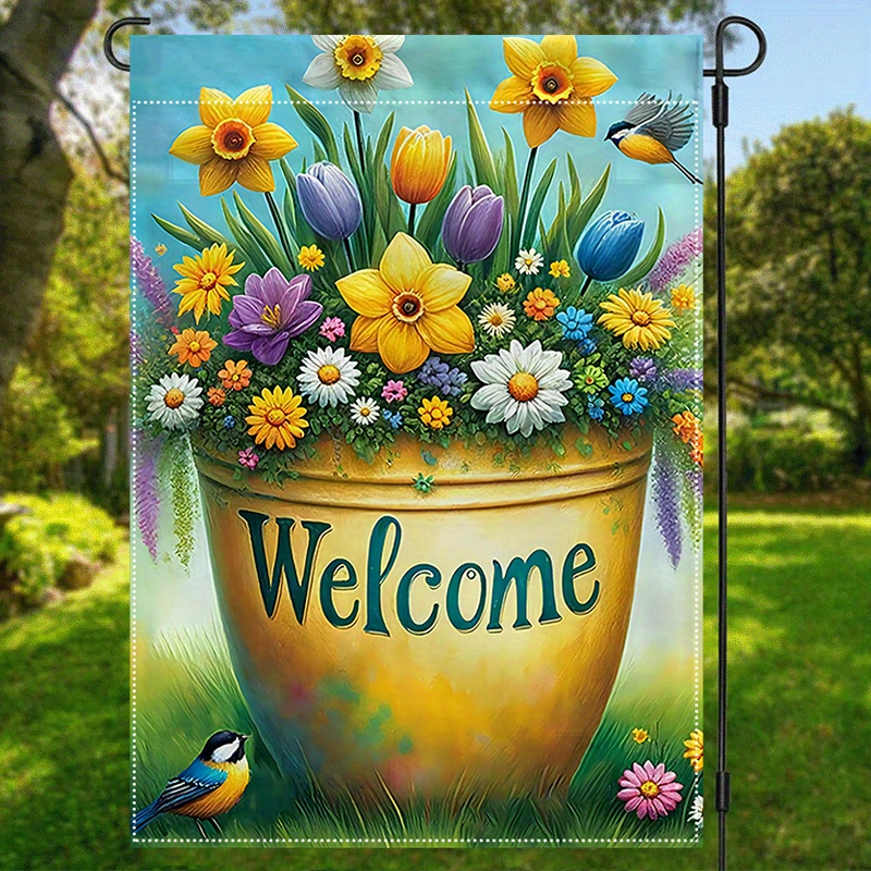 

Welcome Garden Flag - Double-sided Floral Pot Design, Durable Polyester Burlap, Fade-resistant, Weatherproof, Machine Washable, Multifunctional Home And Garden Decoration, 12x18 Inch - Pack Of 1