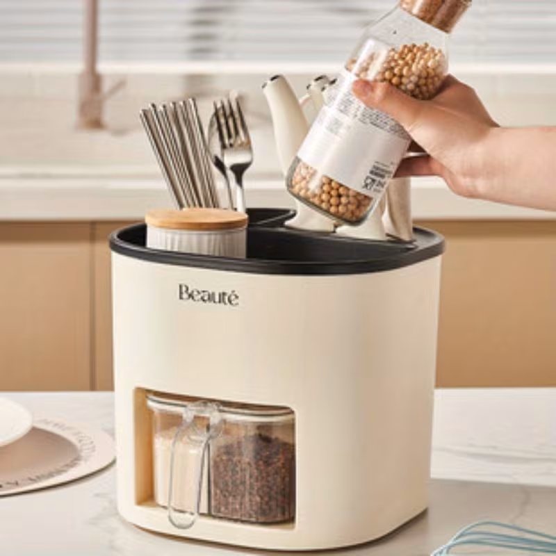 multifunctional kitchen storage rack large capacity rotating holder with chopsticks container and seasoning box plastic material Product details 0