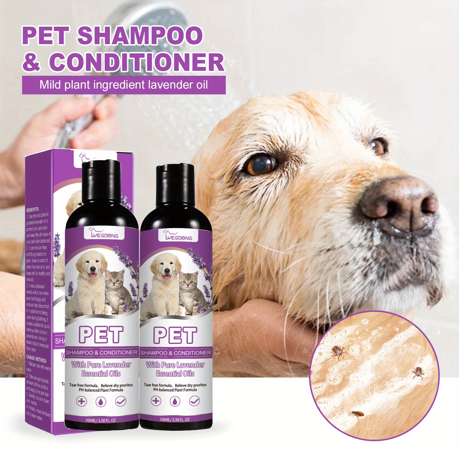 

2pcs 100ml/ 3.38oz Pet Shampoo, Pet Bath Skin Itchy Hair Smooth Non-knotting Shampoo