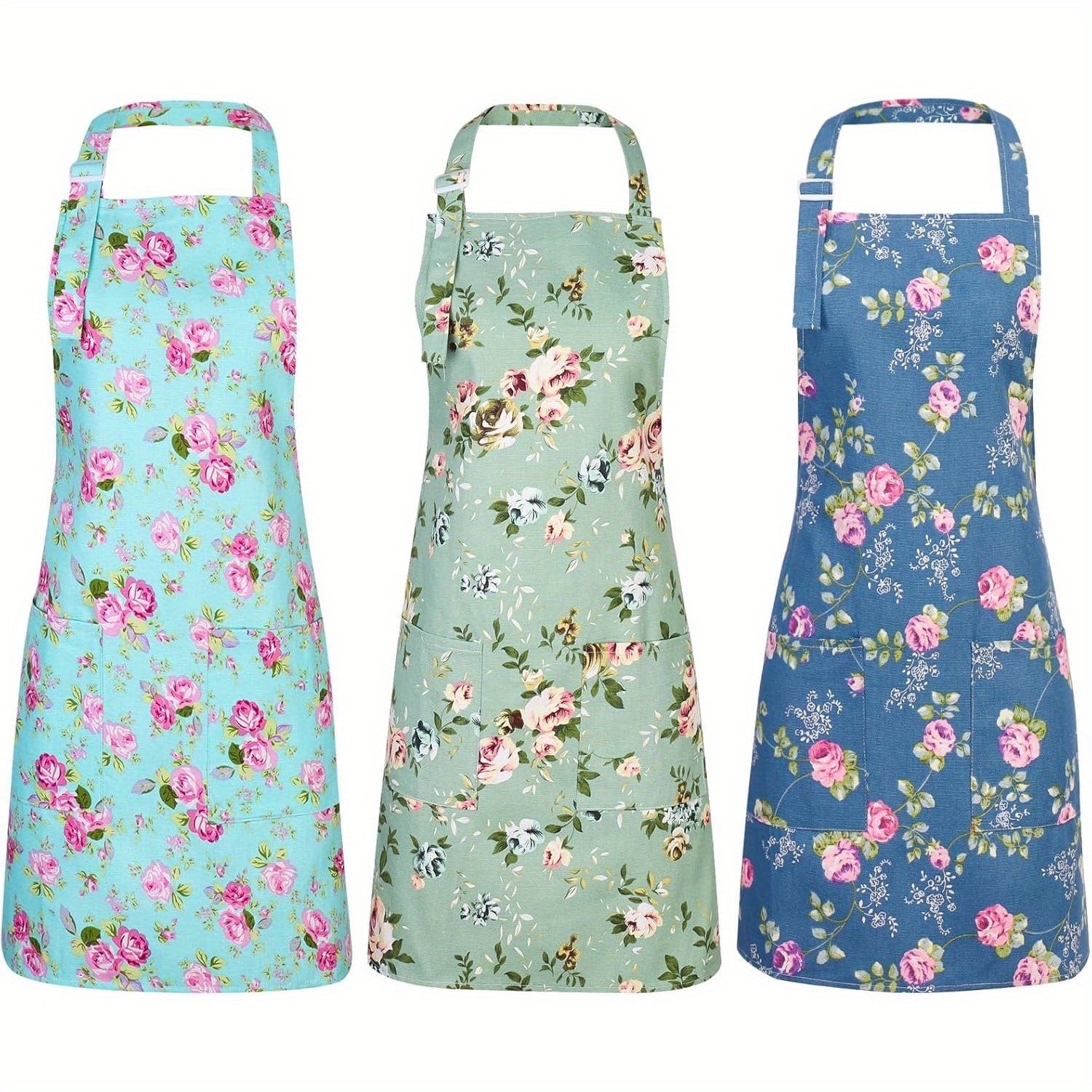 TEMU 3pcs Vintage Flower Aprons, Adjustable Canvas Aprons With 2 Pockets Kitchen Cooking Apron Chef Bakers Aprons