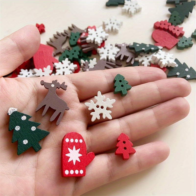 

50pcs Christmas Wooden Buttons - Mixed Designs For Diy Crafts, Scrapbooking, Card Making, And Festive Decorations With Trees, Snowflakes & Mittens In Red And Green