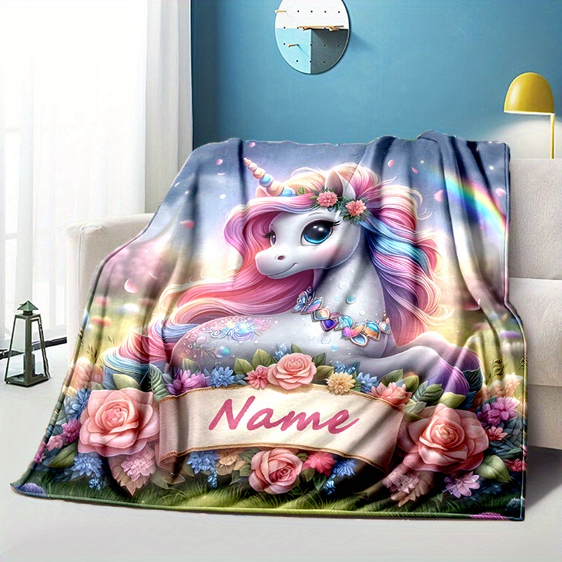 TEMU Custom Name Unicorn Blanket - Soft, Warm Flannel With Vibrant 3d Printed Design - Ideal For Bed, Sofa, Picnic - Perfect Personalized Gift For & Adults For Christmas & Halloween, Unicorn Gifts