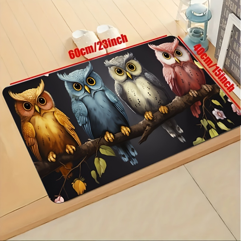 

1pc 4 Cute Owls Standing On The Tree Floor Rug, Door Mat, Kitchen Mat - Waterproof, Non-slip, Stain-resistant, Washable, Perfect For Entryway, Bedroom, Living Room, Hallway, Laundry, Bathroom Entrance