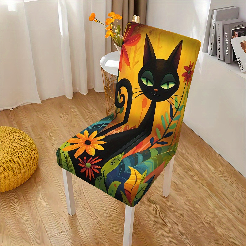 TEMU para Silla con Estampado de Gato Negro , de Ilustración, Decorativa para Silla, para Silla de Cena Familiar, Tela, Removible y Lavable, Adecuada