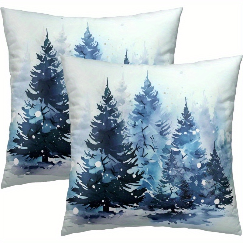 

Rustic Winter Wonderland 2pcs Throw Pillow Covers Set, 18x18 Inches - Blue Trees & Snowy Design, Soft Polyester Farmhouse Decor For Sofa And Home