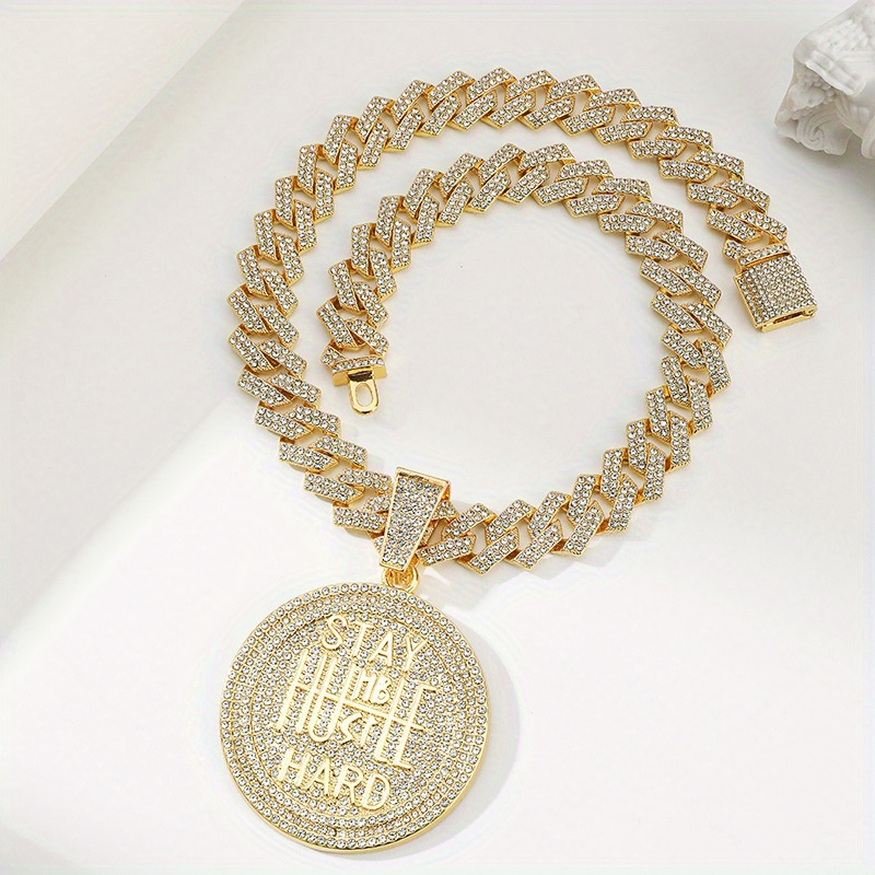 

1 Pcs Hot Versatile Personality Full Zircon Alloy Large Hanging Tag Street Round Hip Hop Exaggerated Cuban Link Chain Necklace