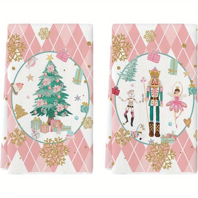 

2pcs Set 18x26" Pink Nutcracker & Christmas Tree Kitchen Towels - , Polyester Hand Towels For Holiday Decor, Kitchen Towels Hand Towels