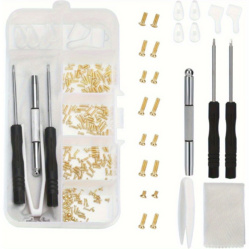 Image of Golden Eyeglass Repair Tool Kit Eye Glass Repair Kit Eye Glasses Repairing Screwdriver Set With Eyeglass Screws, Nose Pads, Small Screwdriver, Tweezers For Glasses Glasses Watch Clock Repair