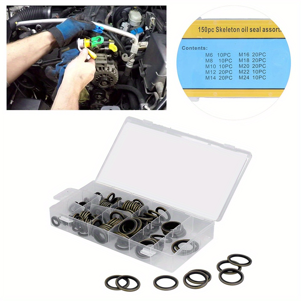 150-Piece Automotive Self-Centered Bonded Seal Gasket Assortment Kit – M6 To M24 Sizes, NBR Rubber, Sturdy Storage Case