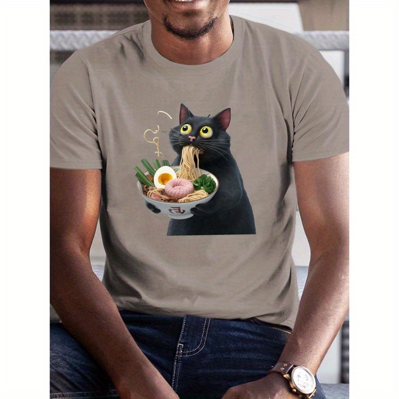 

Plus Size Men's Summer Crew Neck T-shirt With Black Cat Eating Noodles Graphic - Casual Polyester Knit Short Sleeve Tee For Adults