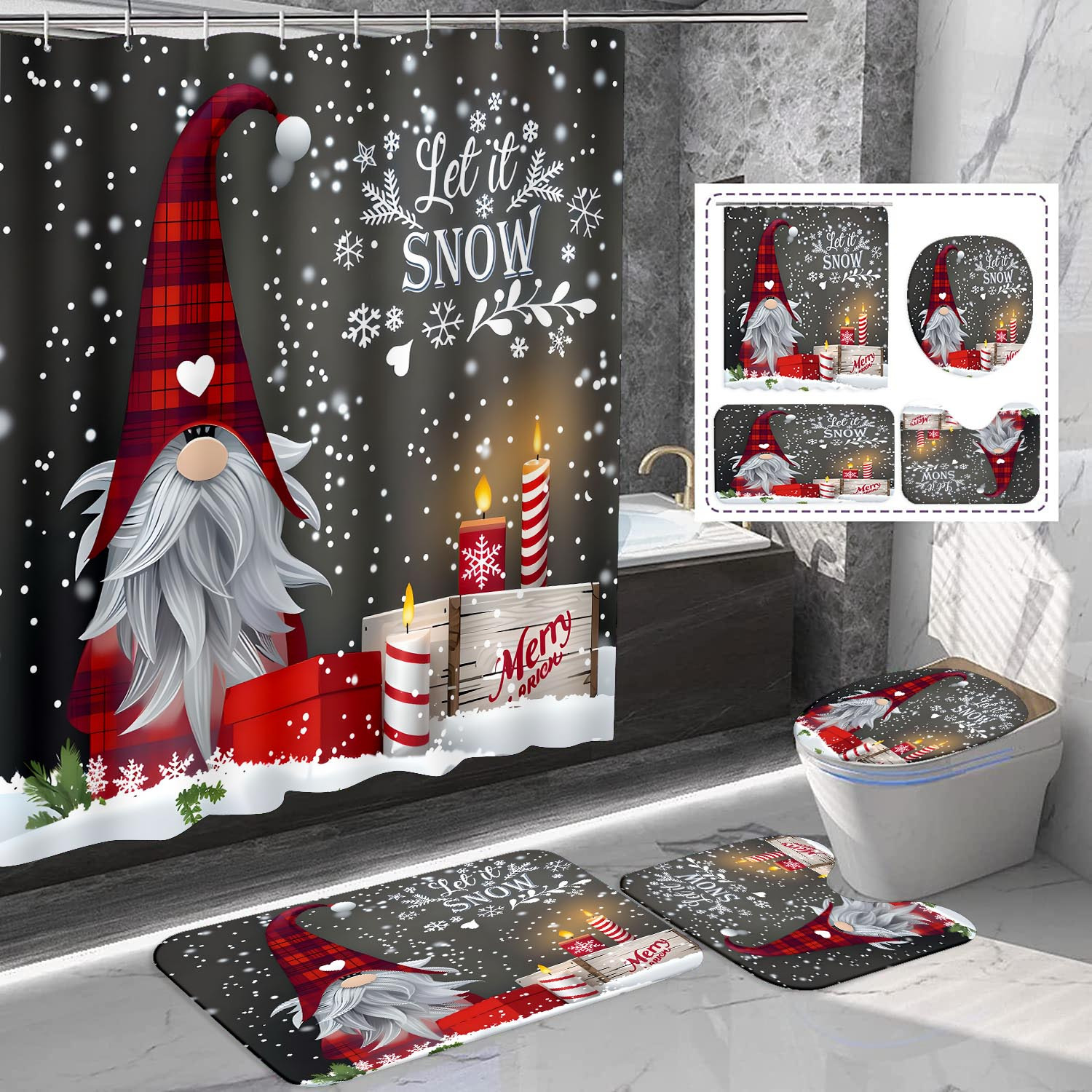 

1/4pcs Christmas Bathroom Decor Set, Water-resistant Polyester Bath Linen, Machine Washable, With Non-slip Rugs, Toilet Lid Cover & Hooks, For Home Decor