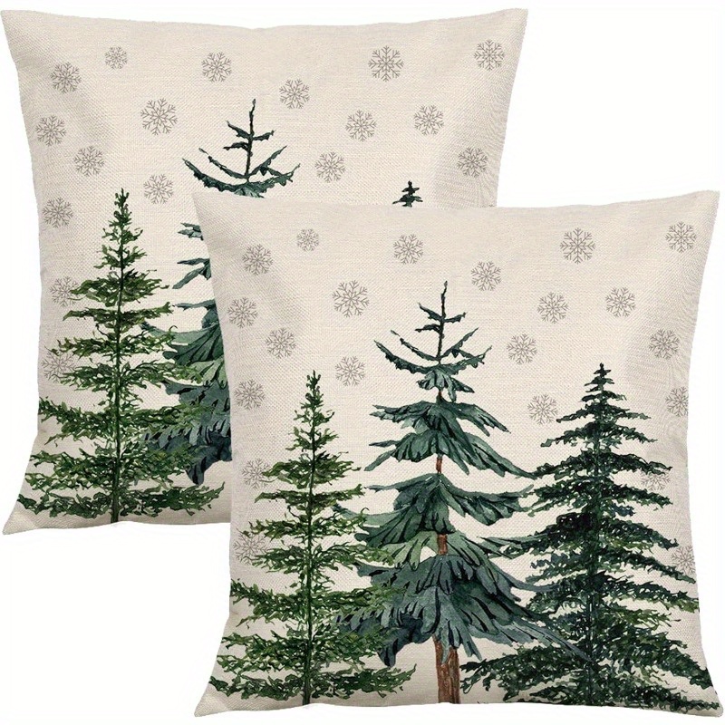 

2pcs Set Festive Christmas Throw Pillow Covers - 18x18 Inch, With & Pine Design, Soft Polyester, Machine Washable For Decor