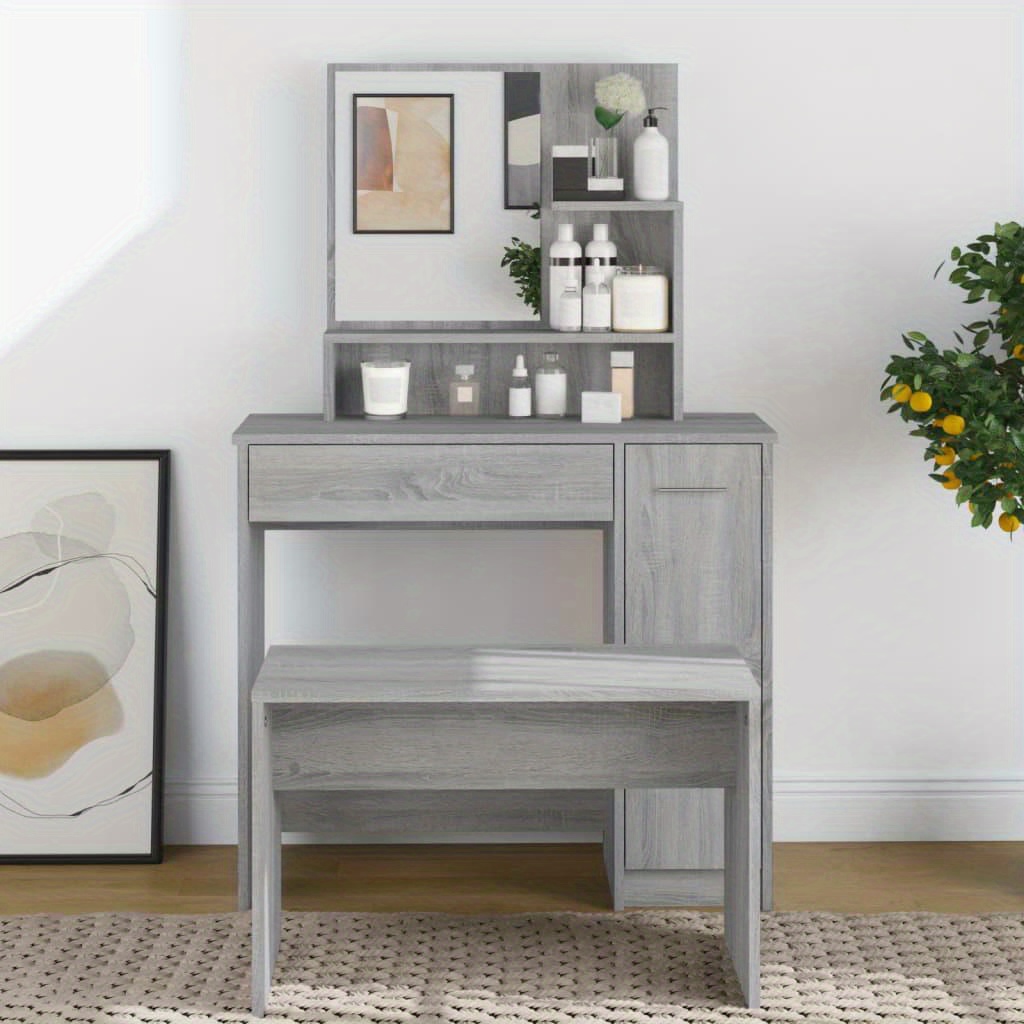 

Modern Grey Dressing Table: Engineered Wood Makeup Table For Bedroom Decor Vanity Desk With Mirror 86. 36 Cm