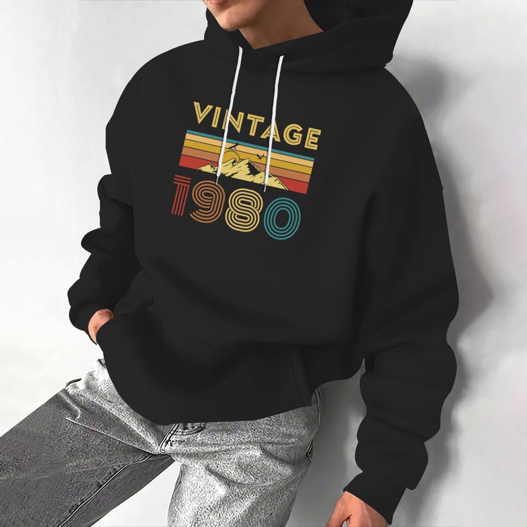 

Men's Casual Vintage 1980 Print Hoodie, 100% Polyester Knit Fabric, Stretch, Regular Fit, Long Sleeve Hooded Sweatshirt For Fall/winter