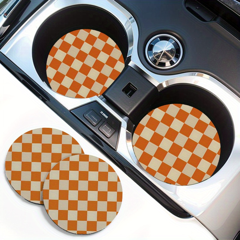 

2-pack Eva Material Orange Checkered Pattern Vehicle Coasters - Durable, Non-slip, Heat-resistant Beverage Mats With Rubber Base For Interior Drink Holders