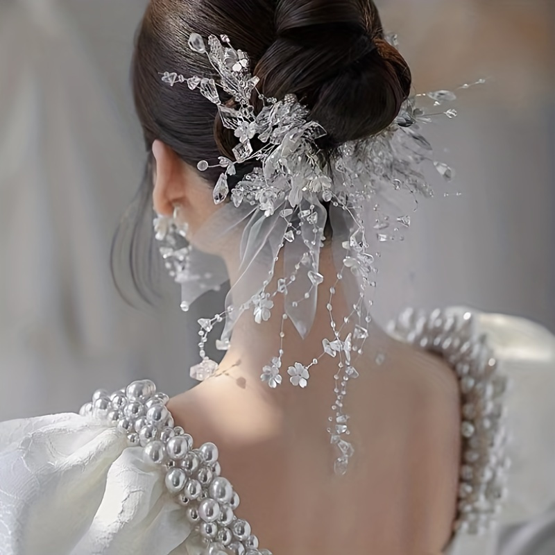 

Bride Crystal Bead Flower Yarn Sweet Wedding Headdress With Clip Duckbill Clip Hair Accessories