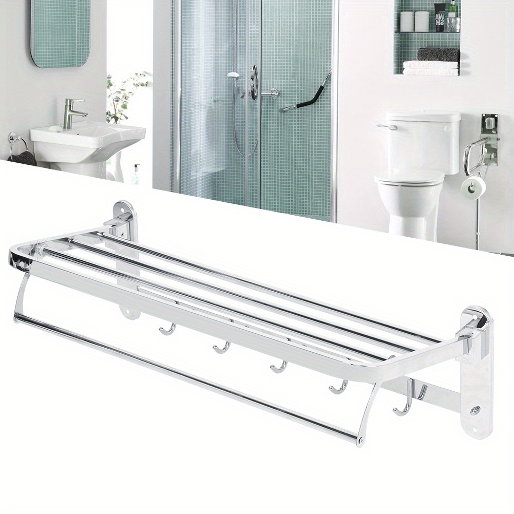 

Stainless Steel Foldable Towel Rack Multifunctional Wall‑mounted Bathroom Shelf With Hook