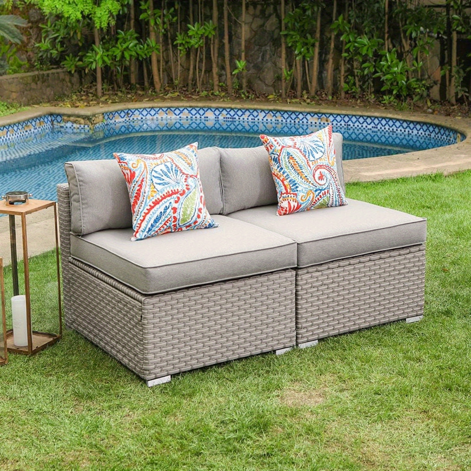 

2pcs Outdoor , Wicker Armless Chair, Sofa Conversation Set, Grey Cushion With 2 Fancy Pillows, For Garden, Pool, Backyard