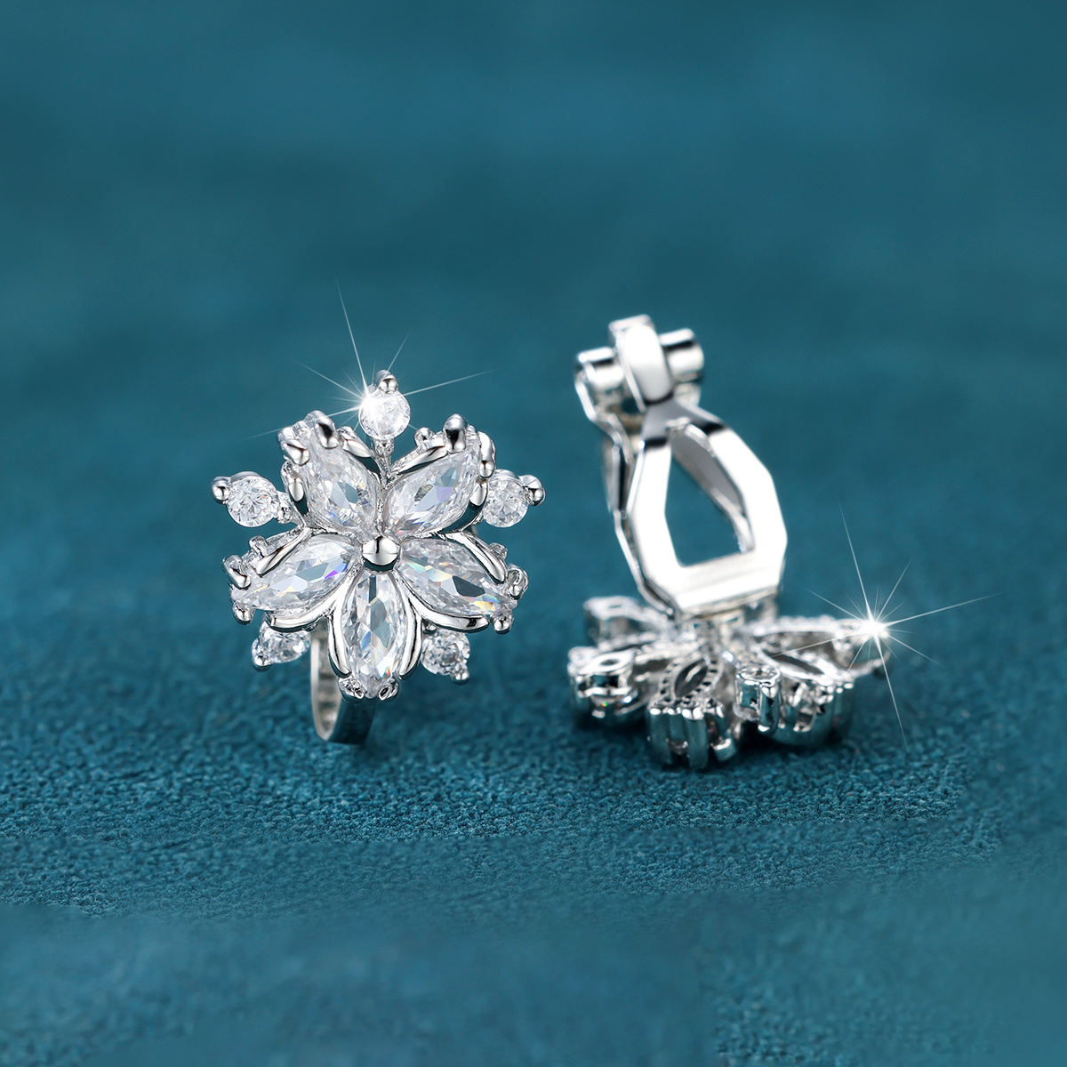 Image of 1 Pair Cute Delicate Marquise Cut White Stone Snowflake Earrings Snowflower Clip Earrings Valentine's Day Christmas Gift