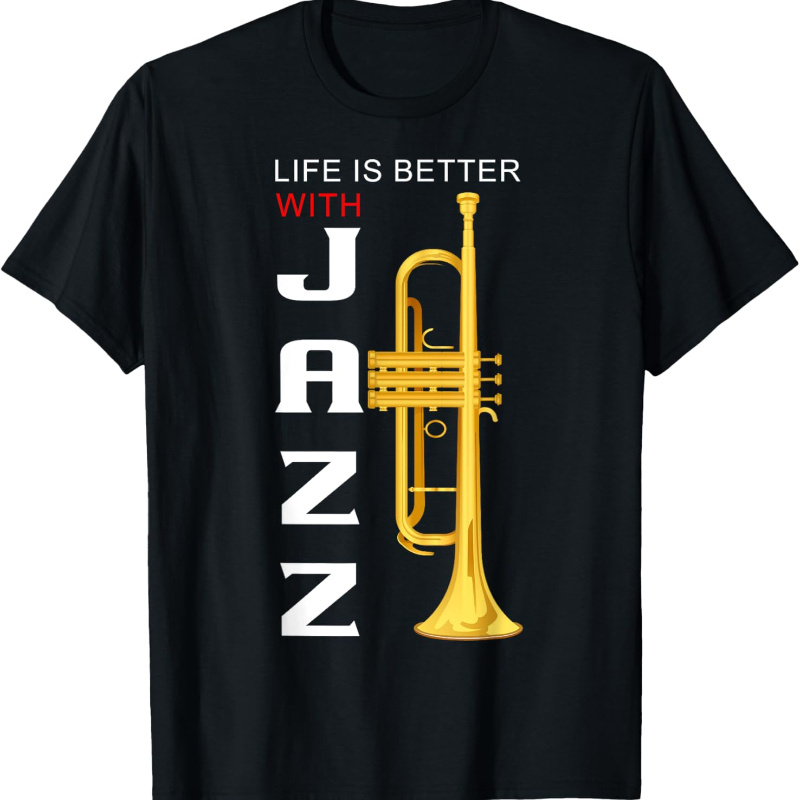 

Men's Life Is Better With Jazz Letter And Trumpet Print Crew Neck T-shirt, 100% Cotton Tee, Summer Top For Casual Wear